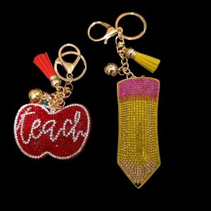 Sparkly Teacher & Pencil Rhinestone Bag Charm & Keychain Set